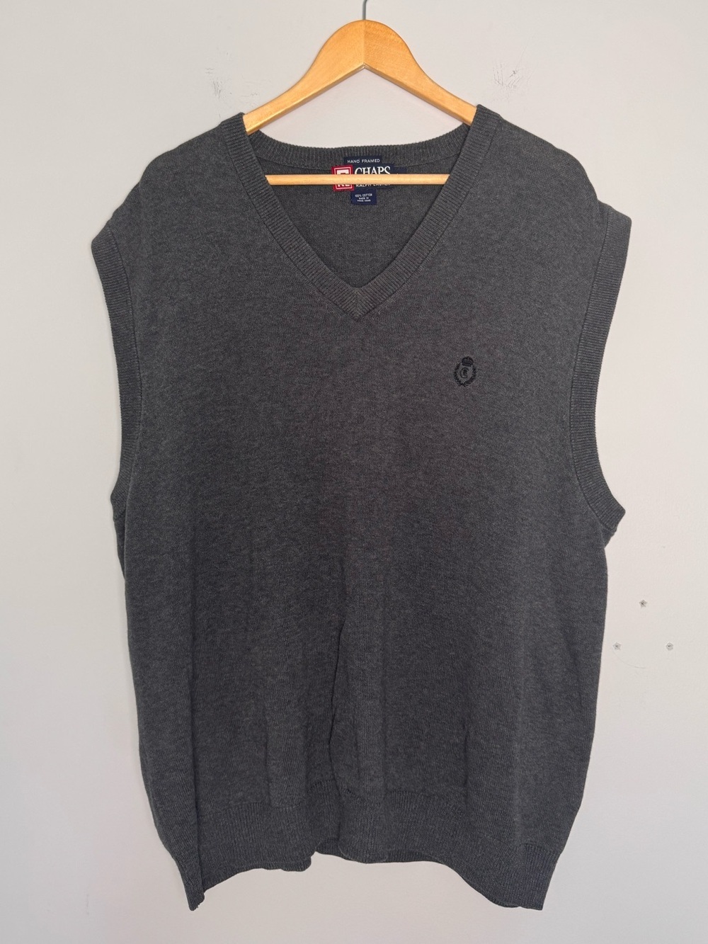 Chaps Ralph Lauren Gray V-Neck Sweater Vest Men's Large 100% Cotton Preppy Golf